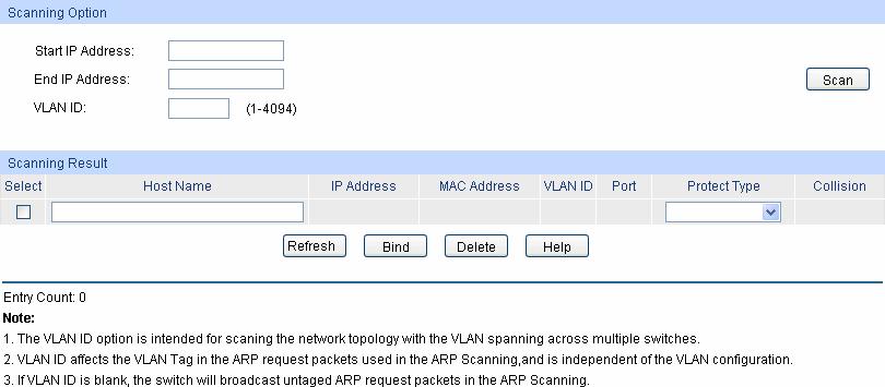 Figure 12-4 ARP Scanning The following entries are displayed on this screen: Scanning Option Start IP Address: End IP Address: VLAN ID: Scan: Specify the Start IP Address. Specify the End IP Address.