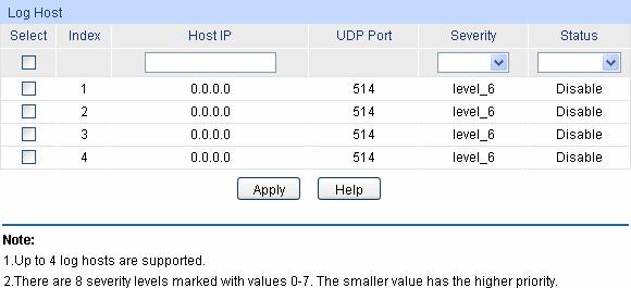 Figure 16-5 Log Host The following entries are displayed on this screen: Log Host Index: Host IP: UDP Port: Severity: Status: Displays the index of the log host. The switch supports 4 log hosts.