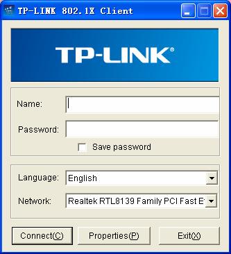 Figure D-12 TP-LINK 802.1X Client Enter the Name and the Password specified in the Authentication Server. The length of Name and Password should be less than 15 characters.