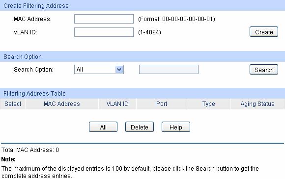 address to the corresponding port statically. It is multi-optional. MAC Address: VLAN ID: Port: Type: Aging Status: Bind: Displays the dynamic MAC Address.
