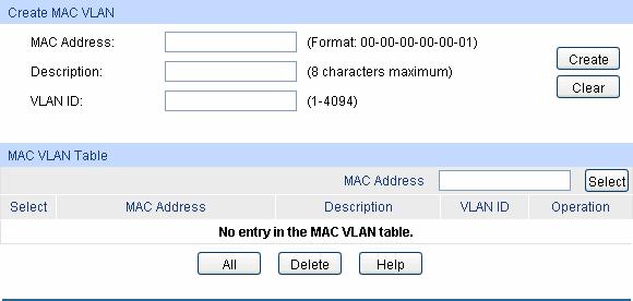 Step Operation Description 2 Create VLAN. Required. On the VLAN 802.1Q VLAN VLAN Config page, click the Create button to create a VLAN. Enter the VLAN ID and the description for the VLAN.
