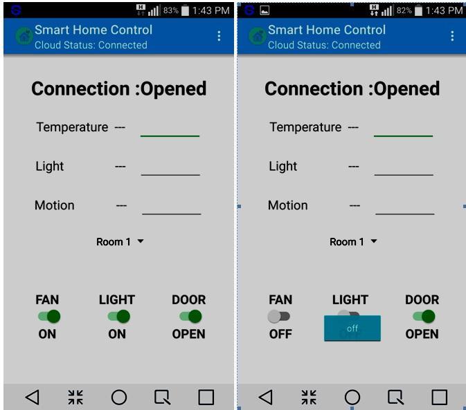 Fig. 14. Screenshots of Room 1 Control ON/OFF of the smart home application. V. RESULT AND SPECIFICATIO NS The user s application program runs on the microcontroller or microprocessor platform.