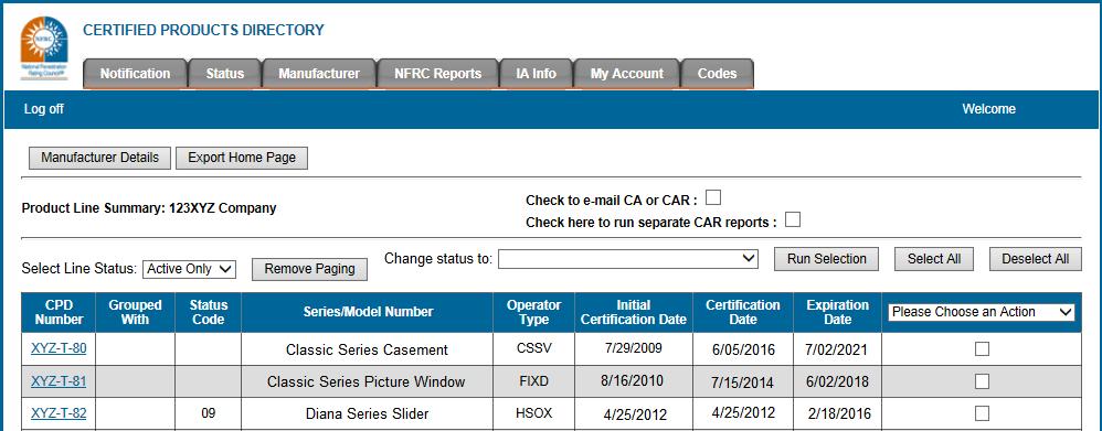 6. PRODUCT LINE SUMMARY PAGE After selecting a manufacturer from the list on the Manufacturer screen (IA Home Page), the manufacturer s Product Line Summary page is displayed.