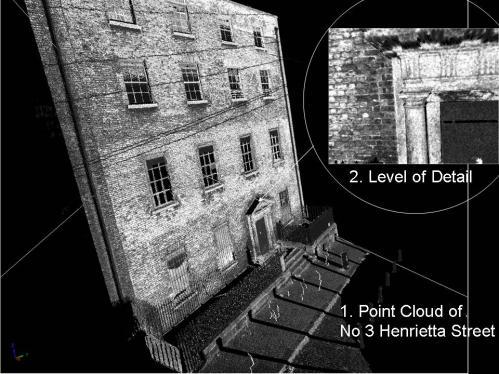 Figure 3: Point cloud and textured point cloud The red, green and blue (RGB) wavelength data from a digital camera can be mapped onto point cloud data, taking into account instrument rotation and