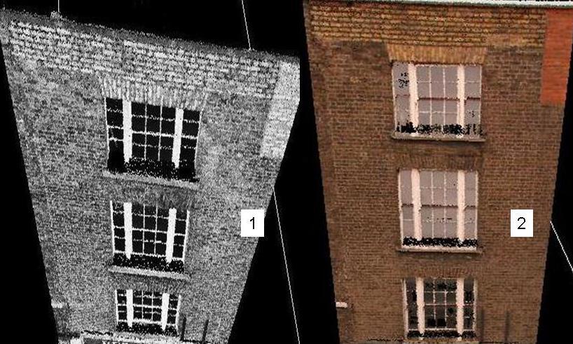 Figure 5: Texture from associated image information. In the figure above detail 1; illustrates the point cloud, detail 2, illustrates texture mapping 2.4.