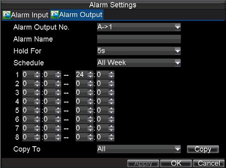 Figure 12. Alarm Output Settings 3. Configure the settings for selected output. 4. Select OK to save and exit.