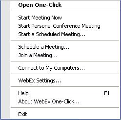 Right-click the WebEx One-Click taskbar icon and then click Start a Scheduled Meeting to start a previously scheduled meeting, or click Start Personal Conference meeting to