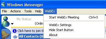 Instant messenger shortcut: Click WebEx > Start WebEx Meeting to start a One-Click meeting in your instant messenger, such as Skype, AOL Instant Messenger, Lotus SameTime, Windows Messenger, Google