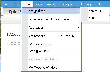 Chapter 14: Sharing Software You can share your computer's desktop with meeting participants. To share your desktop: 1 On the Share menu, choose Desktop.