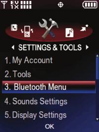 Bluetooth Pairing 1. Set your Bluetooth accessory into pairing mode. 2. Press the OK Key, select Settings & Tools (6). 3. Select Bluetooth Menu (3), then Add New Device (1). 4.