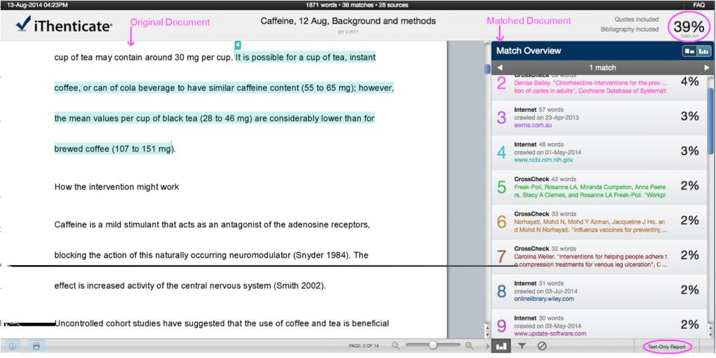 This Similarity Check Document Viewer report shows the document being checked on the left side, highlighting matching text (in this example in red, blue and green), and the context of the matching
