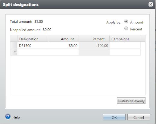 When the Split designations box opens up, you can assign different amounts or percentages of the gift to go to different Designations (see the section in the appendix entitled, How to Search for