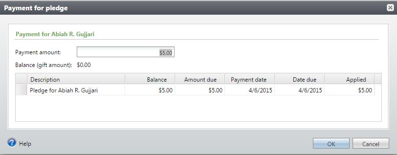 From the Payment for x box, you can edit the payment amount. Click OK to save your changes.