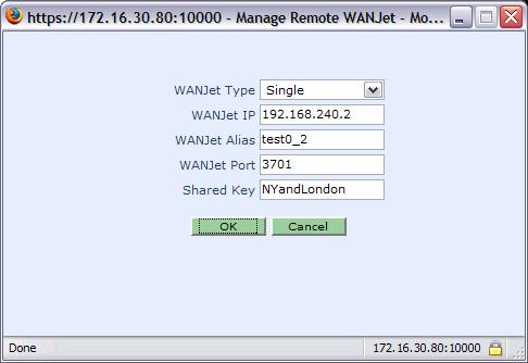 3. Enter the IP address of the remote WANJet appliance in the WANJet IP field. 4. Enter the shared key in the Shared Key field.