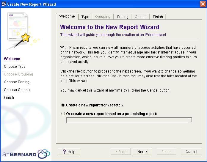 iprism Reports 2. Select one of these options: Create a new report from scratch. Create a new report based on a pre-existing report.
