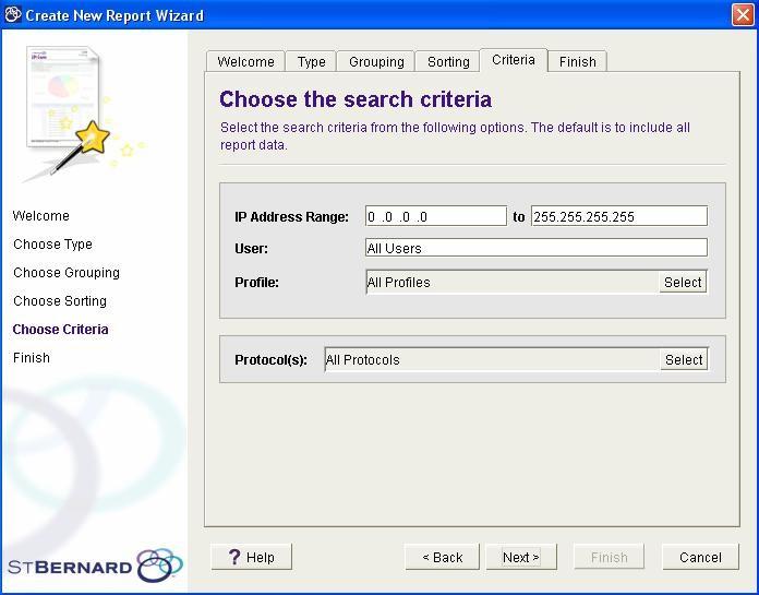 Creating and editing reports Search criteria for the IM/P2P Statistics report type Contents: IP Address Range Profile Protocols User When you select the IM/P2P Details report type, you can search on