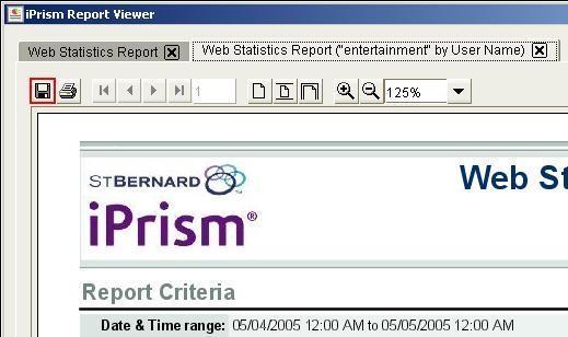 iprism Reports Saving a generated report After generating a report, you can save it in PDF, CSV, or CSV w/headings format from the Report Viewer.