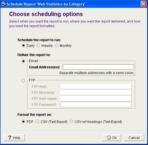 Scheduling reports Choosing scheduling options To choose scheduling options: 1. Do one of the following: Click Schedule a report in the Quick starts shortcuts section of the Welcome screen.