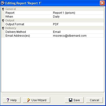 iprism Reports 3. Click Edit Schedule. The Editing Reports dialog box appears and shows the settings that currently define the schedule. 4.