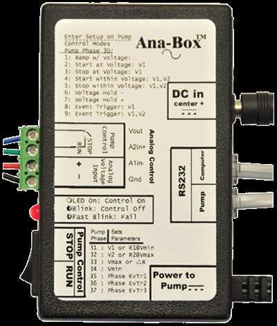 Featured Accessory: Anabox Analog Sensor Interface Sample Anabox Operational Modes: Ramping (gradient) with Voltage Start Pump at Voltage Trigger 14 Stop Pump at Voltage Trigger Model: ADPT-ANABOX-11