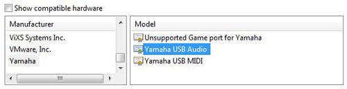 install the "Yamaha USB Audio" driver, which was not in the compatible hardware list.