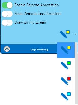 The annotation menu has three options: Enable Remote Annotation Make Annotations Persistent Draw On My Screen You can also change the pen color using the pen dropdown menu.