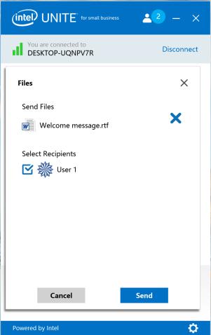To send a file using the Intel Unite application: Click on Share Files. Click on Select Files and navigate to the file to be sent, or drag and drop files to the Select Files area.