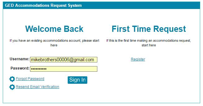 Figure 17: GED Request System Figure 17.1: Sign In 18. Next you will see a screen that lists your accommodation requests and to the left of it you will see the status box.