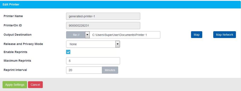 Managing printers and printer pools destination to associate an existing PrinterOn printer with the network address of the new printer. To configure PDS printer settings: 1.