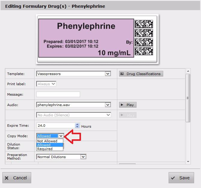Copy Mode Configuring Copy Mode for Operating Room To support Copy Mode for an Operating Room, enable the setting to Copy: Drug Specific in the Codonics SLS Administration Tool (AT) and deploy the