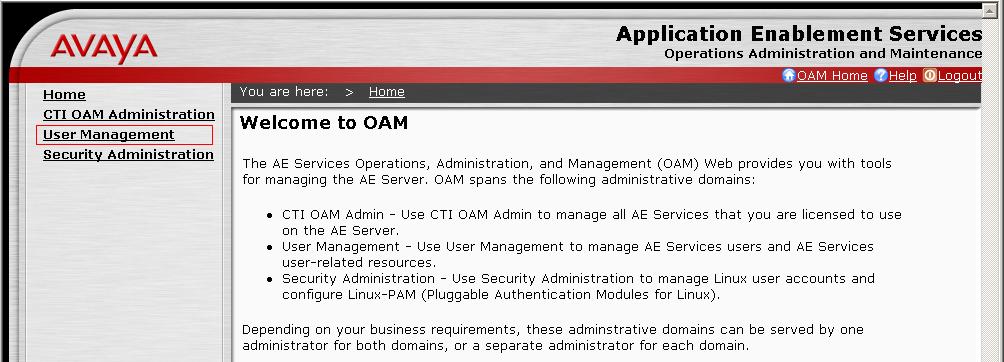 The Welcome to OAM page is displayed next. Select User Management from the left pane.