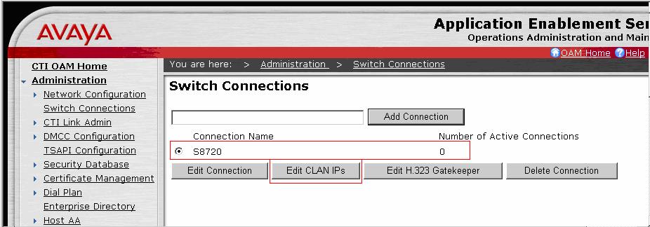 After returning to the Switch Connections page, select the radio button corresponding to the switch connection added previously, and click on