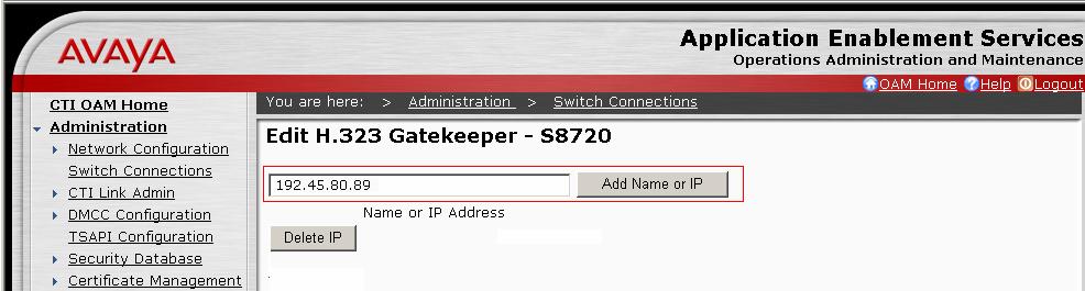On the Edit H.323 Gatekeeper S8720 page, enter the C-LAN IP address which will be used for the DMCC service. During the compliance test, CLAN-AES was used for the DMCC service.