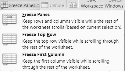 Freeze Panes a. Click the View tab. b. Put cursor where you want the screen to be frozen. c. This allows you to keep specified rows or columns visible as you scroll through your document.