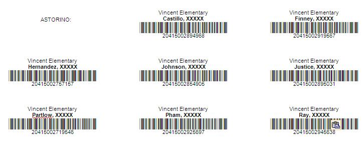 Student Barcodes for all students Purpose: Create barcodes for all students in the beginning of the year. Print on labels to use for making ID cards.