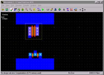 The next step is to build the NMOS transistors. Click on the transistor symbol in the palette. Set the W, L of the transistor Then click on Generate device.