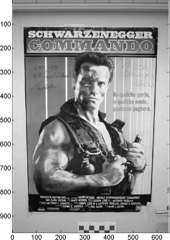 Assignment Computer Vision, Vt 05 7 Figure 4: Arnold looking mean. The goal of this exercise is to create an image of the poster taken by a camera m to the right of the poster.