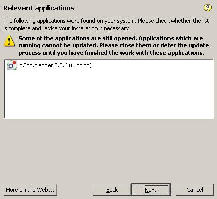 Notification of open applications Note: The step Relevant applications is not displayed if your pcon.update version is only used to transmit documents.