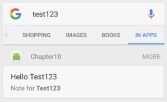 200 CHAPTER 10: Firebase App Indexing In this case we only save the contents of the notes to the index, and don t save the notes locally.