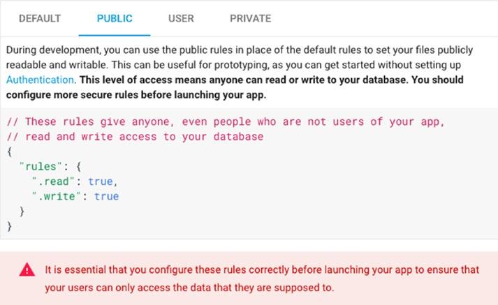 16 CHAPTER 1: An Introduction to Firebase Step 3. Configure Data Access Rules The next step in the assistant asks you to set up your data access rules.