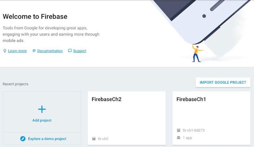 CHAPTER 2: Using Authentication in Firebase 29 Press the button in Step 1, and you ll be asked to Create a new Firebase project. I called mine FirebaseCh2 to match the app name.