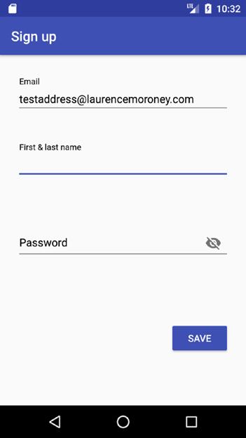 CHAPTER 2: Using Authentication in Firebase 39 Figure 2-10. Signing Up for a new account Enter values here and click Save. Notice that basic Password validation is done for you.