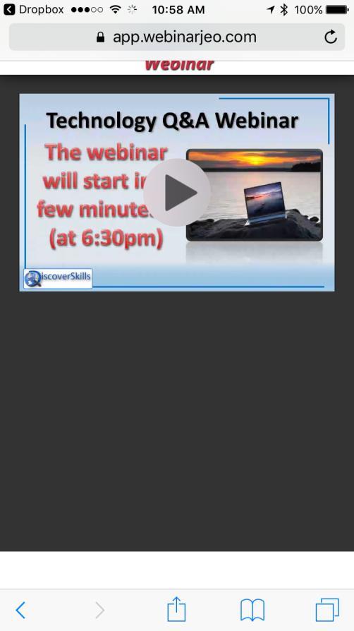 To start the presentation, you need to tap the arrow in the middle of the presentation screen. The webinar will start playing.