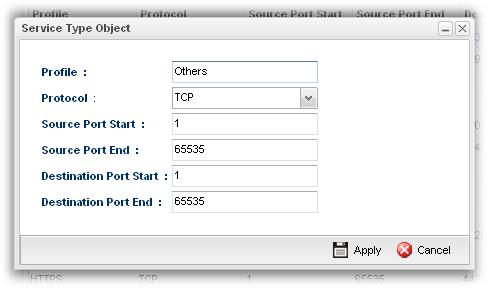Profile Protocol Source Port Start Source Port End Destination Port Start Destination Port End Display the name of the service type object profile. Display the protocol selected for such profile.