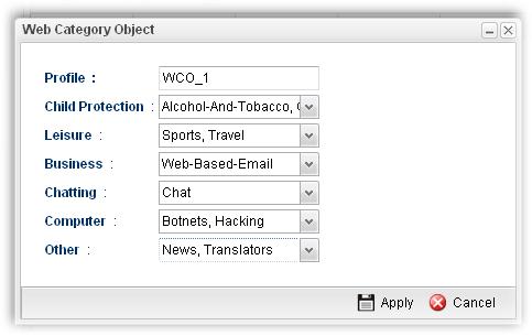 Available parameters are listed as follows: Profile Child Protection Type the name of the web category object profile. The number of the characters allowed to be typed here is 10.
