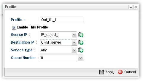 The following dialog will appear. Available parameters are listed as follows: Profile Enable This Profile Source IP Destination IP Type the name of the filter profile.