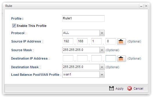9. Open WAN >> Load-Balance and click the Rule tab. 10. Click Add to create a profile for Rule1 accepting the data coming from 192.168.1.0/24 which always goes Internet via WAN1 when WAN1 is up.