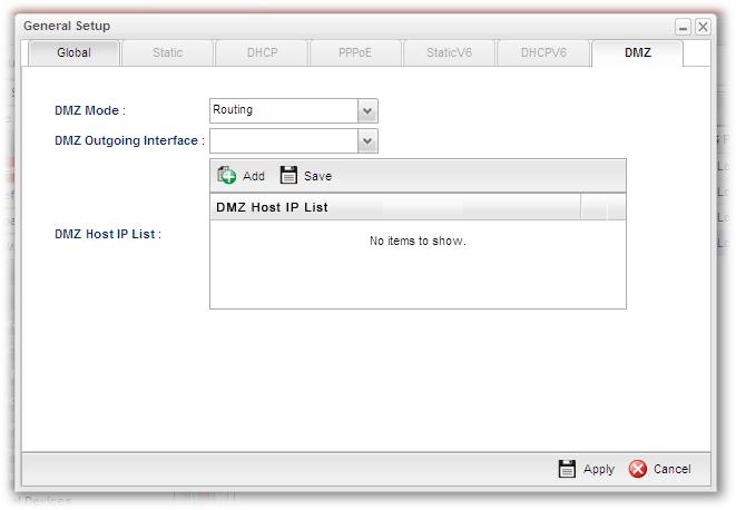 Cancel Click it to exit the dialog without saving the configuration. Available parameters are listed as follows if you choose Routing as DMZ Mode: DMZ Mode Choose NAT or Routing as DMZ mode.