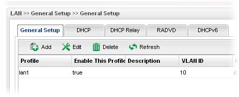How to add a new LAN profile 1. Open LAN>>General Setup and click the General Setup tab. 2. Click the Add button to open the following dialog.