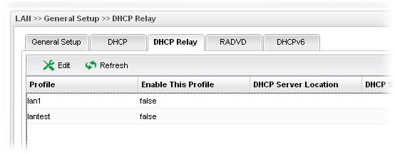 How to edit a LAN profile for DHCP Relay 1. Open LAN>>General Setup and click the DHCP Relay tab. 2.